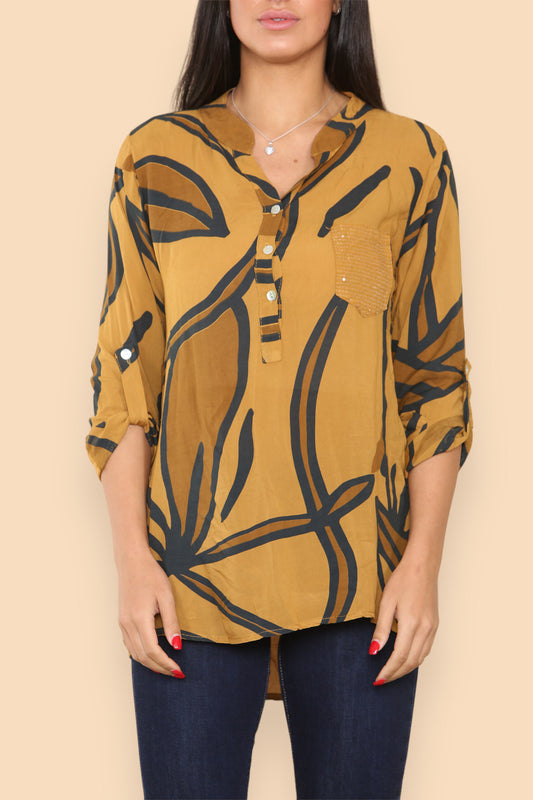 ABSTRACT FLORAL GRANDAD SHIRT MUSTARD