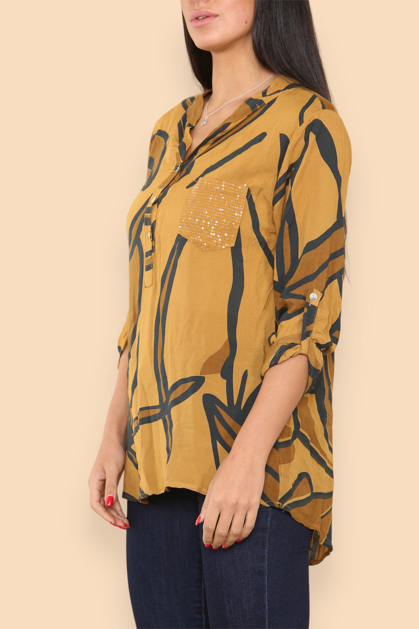 ABSTRACT FLORAL GRANDAD SHIRT MUSTARD