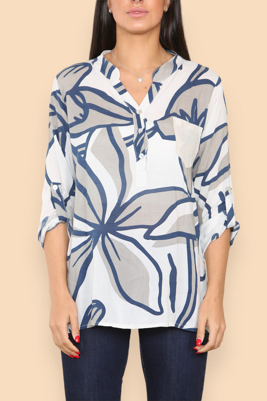 ABSTRACT FLORAL GRANDAD SHIRT WHITE