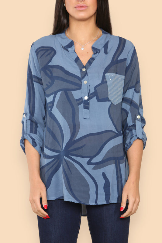 ABSTRACT FLORAL GRANDAD SHIRT DENIM