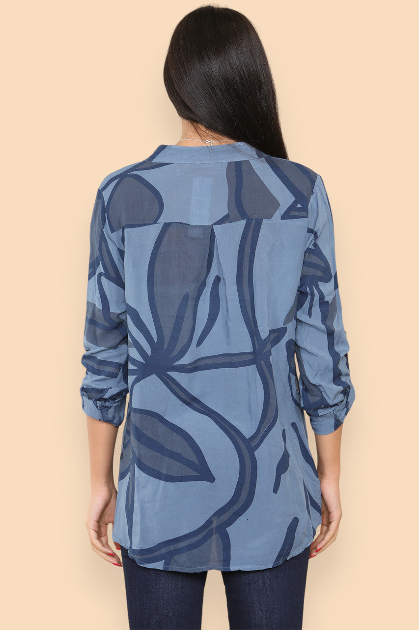 ABSTRACT FLORAL GRANDAD SHIRT DENIM