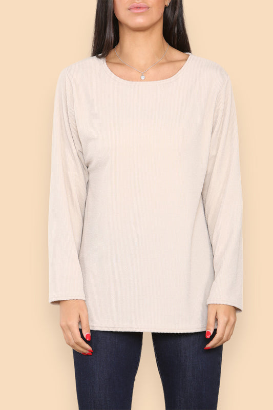 PLAIN RIBBED LONG SLEEVE JUMPER TOP STONE