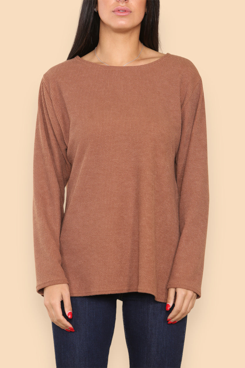 PLAIN RIBBED LONG SLEEVE JUMPER TOP TAN