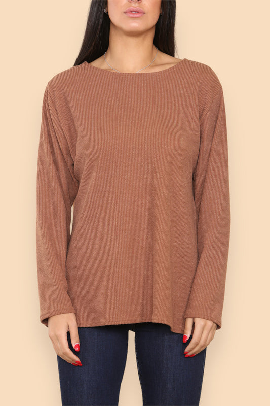 PLAIN RIBBED LONG SLEEVE JUMPER TOP TAN