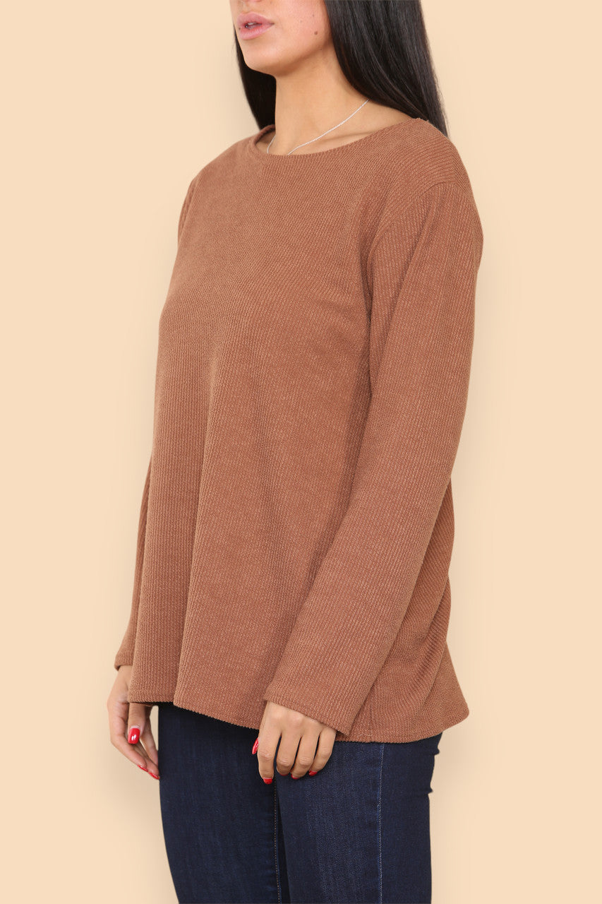 PLAIN RIBBED LONG SLEEVE JUMPER TOP TAN