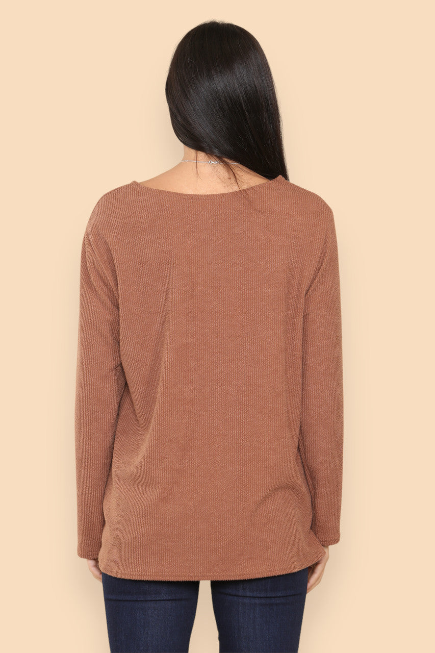 PLAIN RIBBED LONG SLEEVE JUMPER TOP TAN