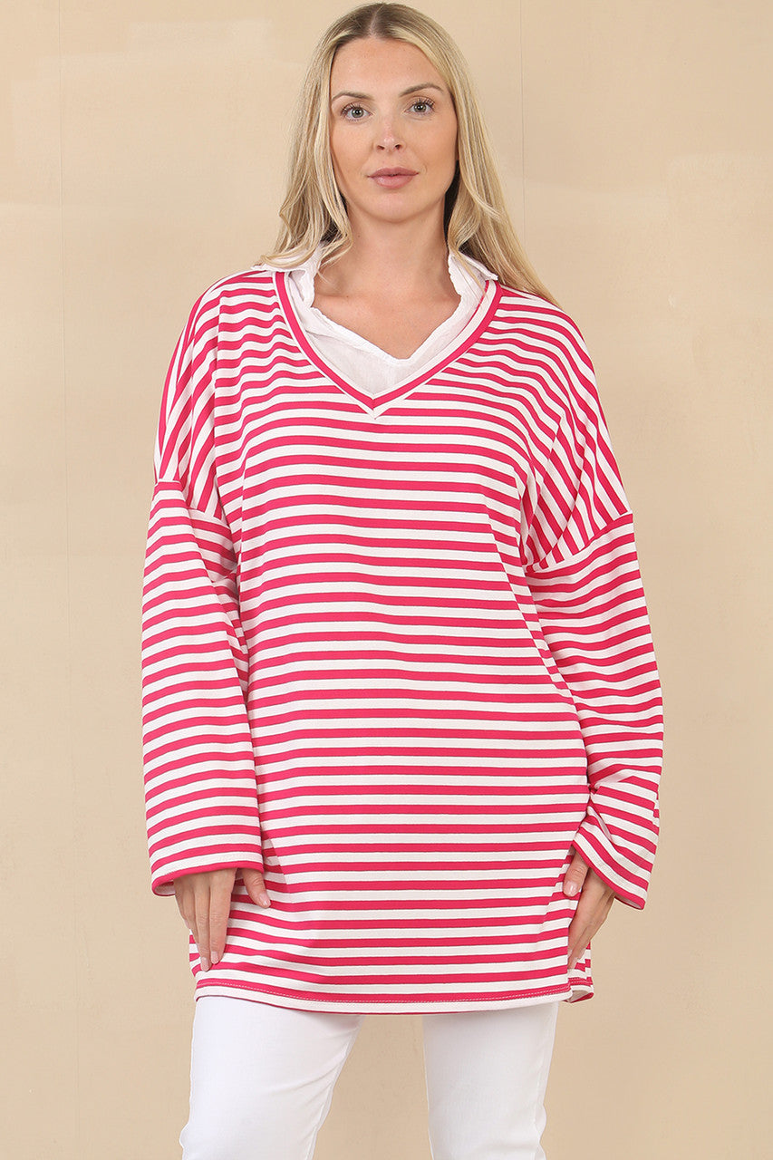 GESTREEPTE V-HALS TOP MET LANGE MOUWEN - CERISE