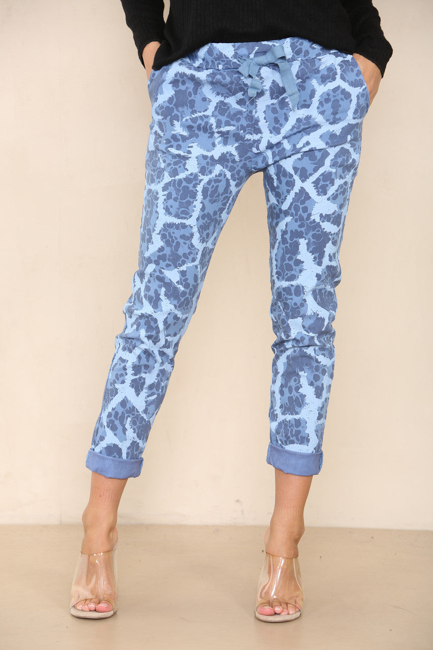CRACK PRINT ELASTICATED MAGIC STRETCH STYLE TROUSER DENIM