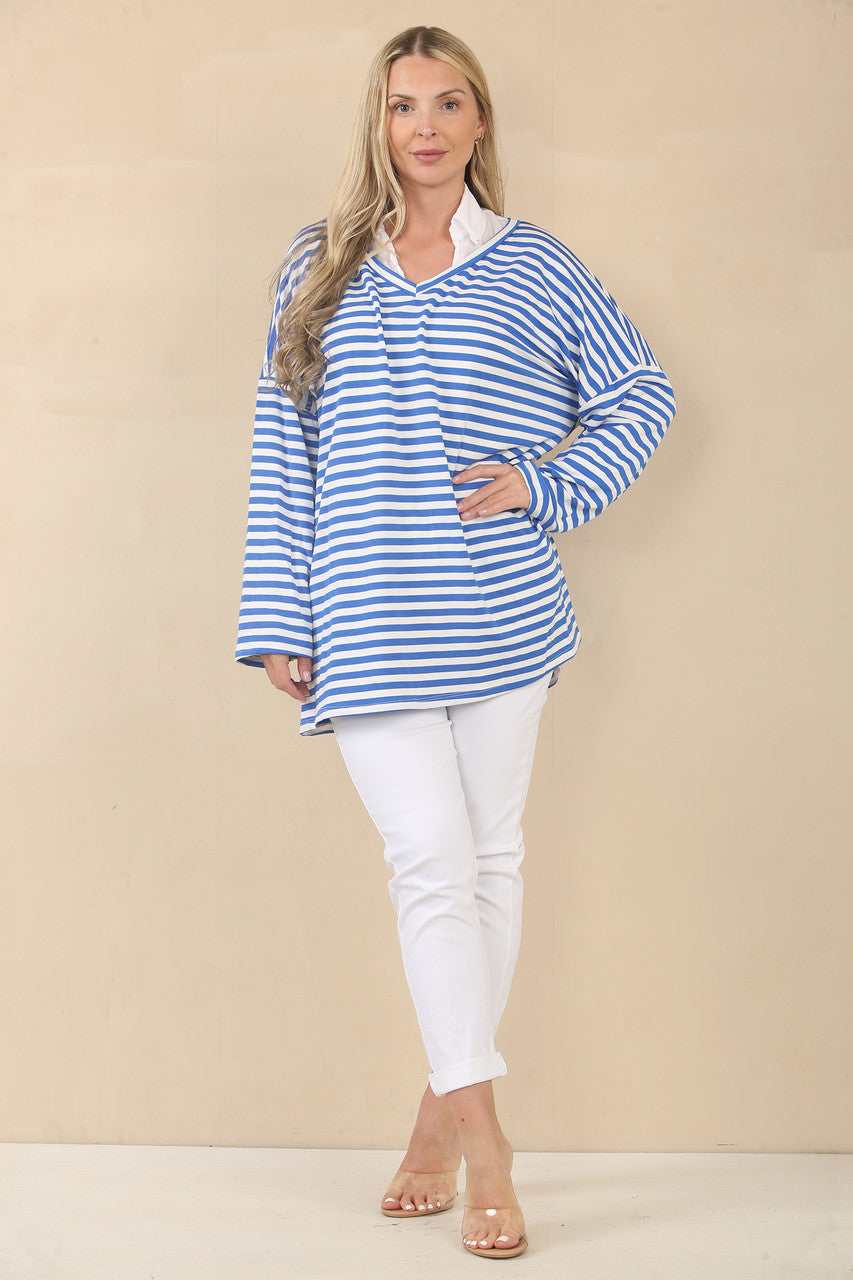 STRIPE V-NECK LONG SLEEVE TOP - COBALT BLUE