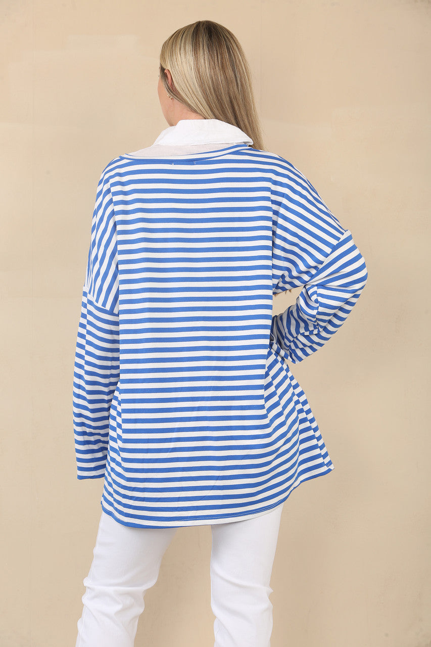STRIPE V-NECK LONG SLEEVE TOP - COBALT BLUE