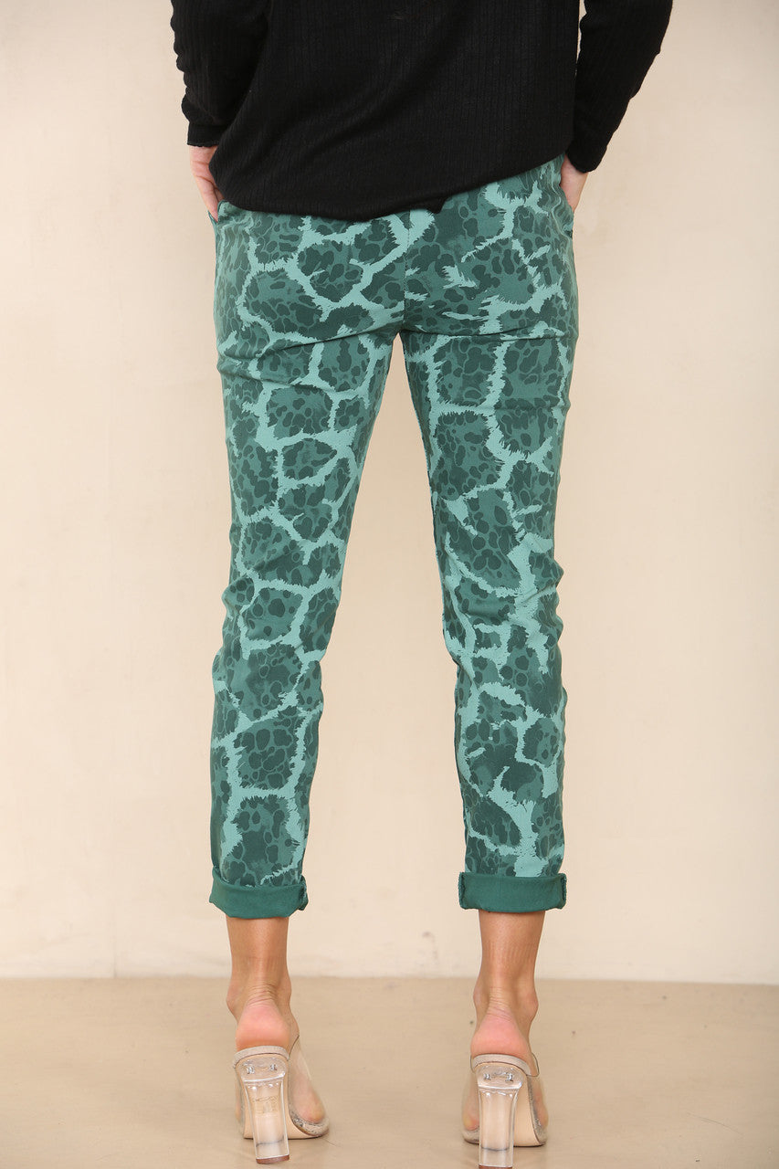 CRACK PRINT ELASTICATED MAGIC STRETCH STYLE TROUSER GREEN