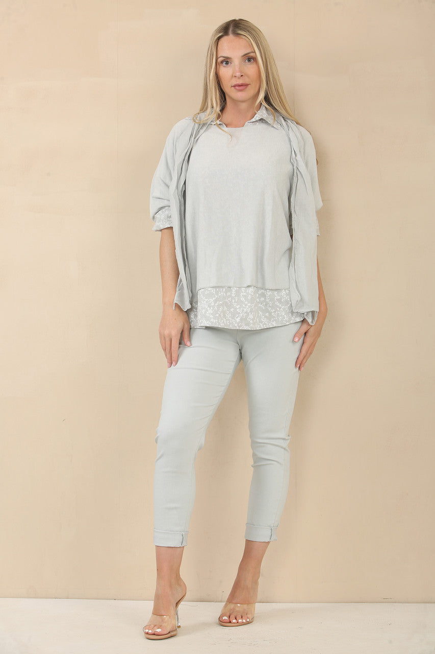 2-IN-1 SHIRT MET BLADERENPRINT, TRUI & SJAAL - ZILVERGRIJS