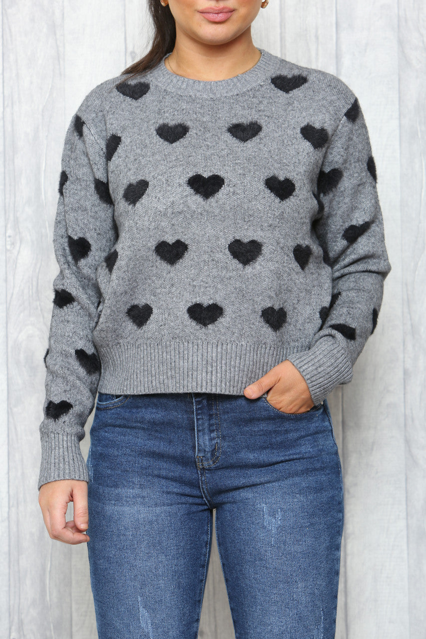 Ladies Heart Print Jumper Grey