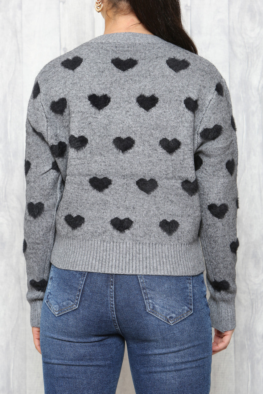 Ladies Heart Print Jumper Grey