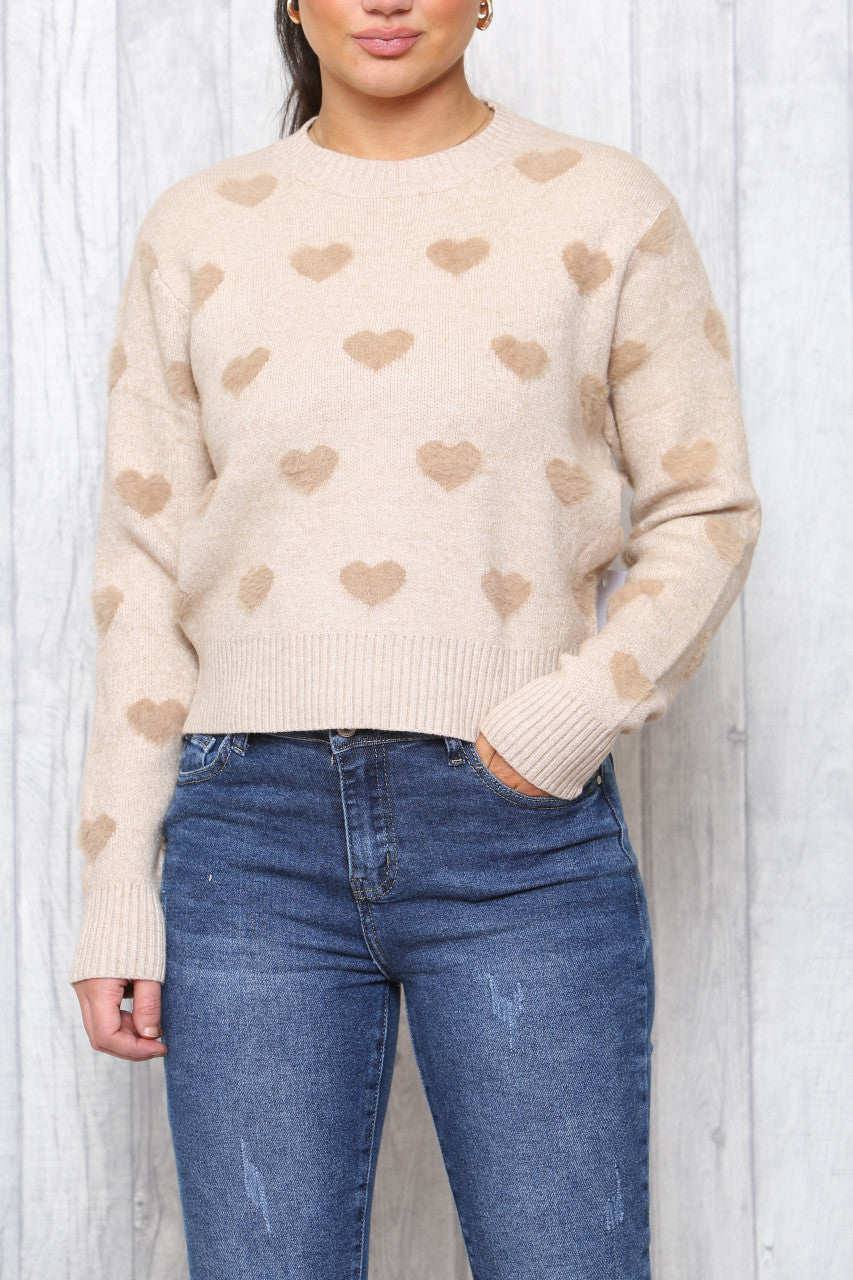 Ladies Heart Print Jumper Stone