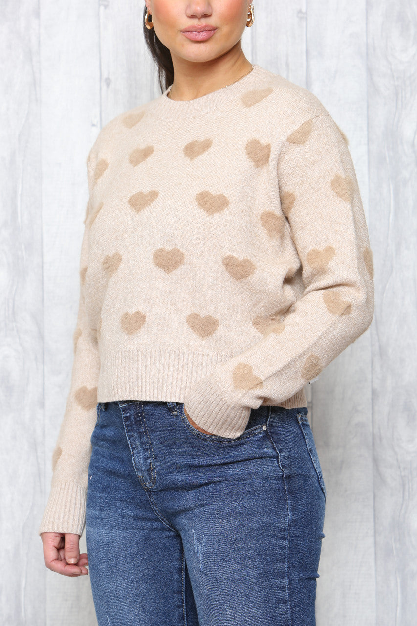 Ladies Heart Print Jumper Stone