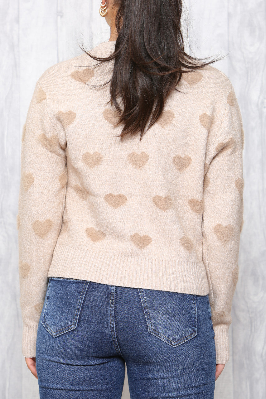 Ladies Heart Print Jumper Stone
