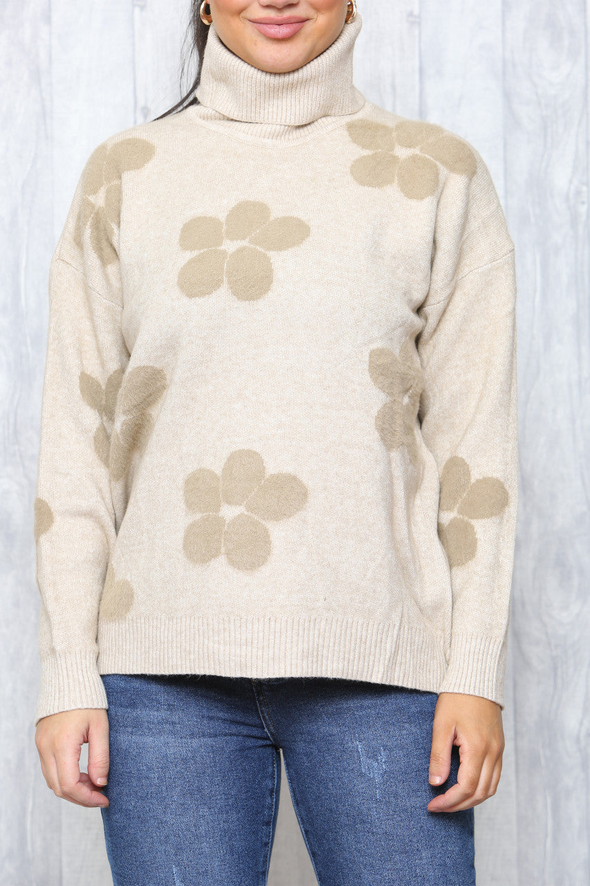 Dames Jumper met bloemenprint en hoge hals Stone