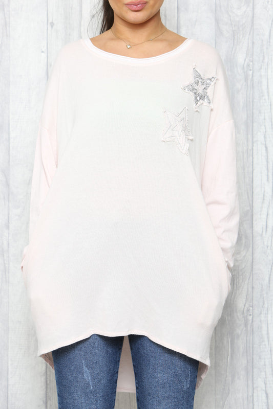 Ladies Distressed Sequin Stars Tunic Top Light Pink
