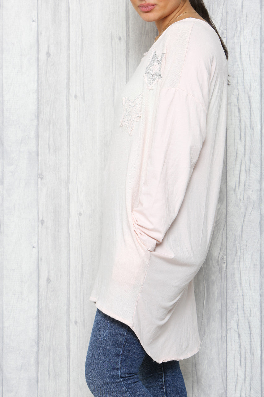 Dames Tuniek Top Lichtroze met Distressed Pailletten Sterren