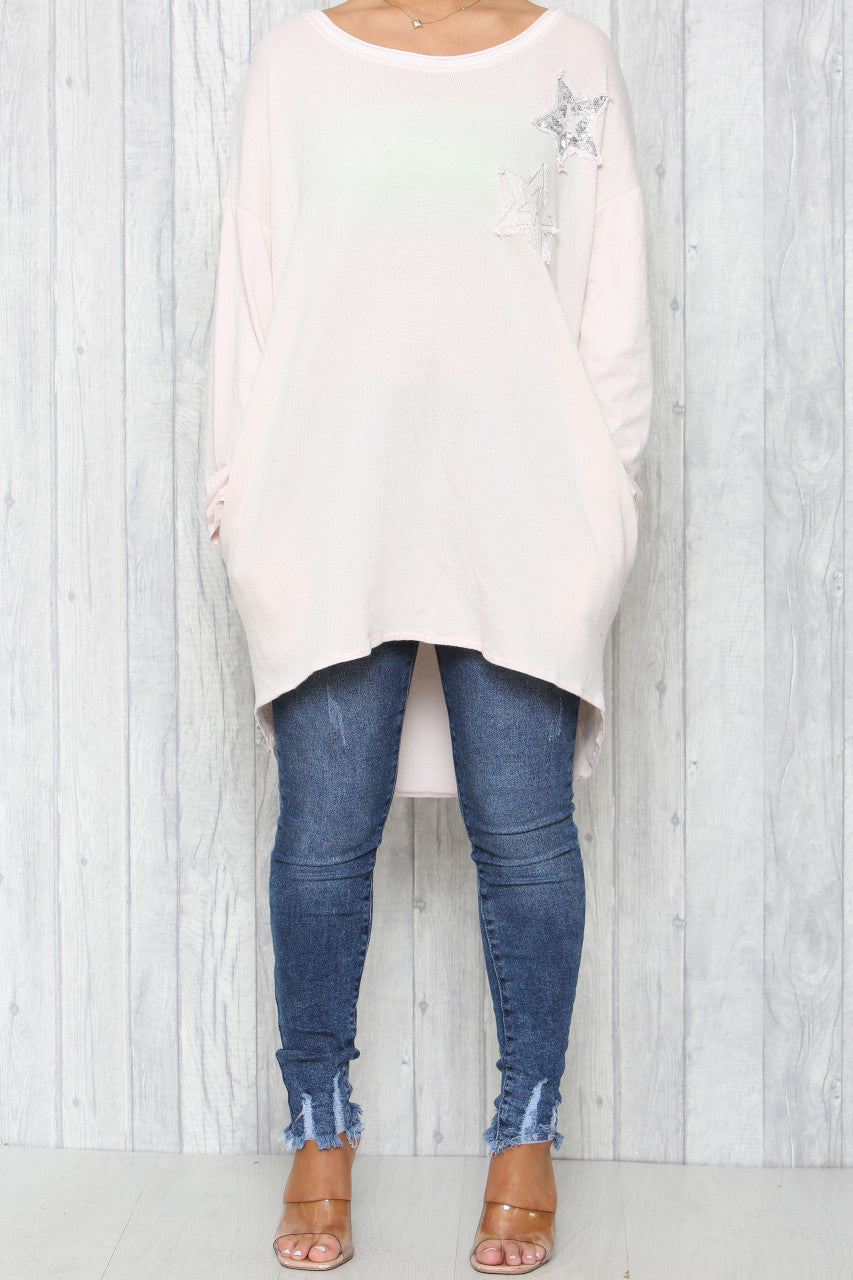 Dames Tuniek Top Lichtroze met Distressed Pailletten Sterren
