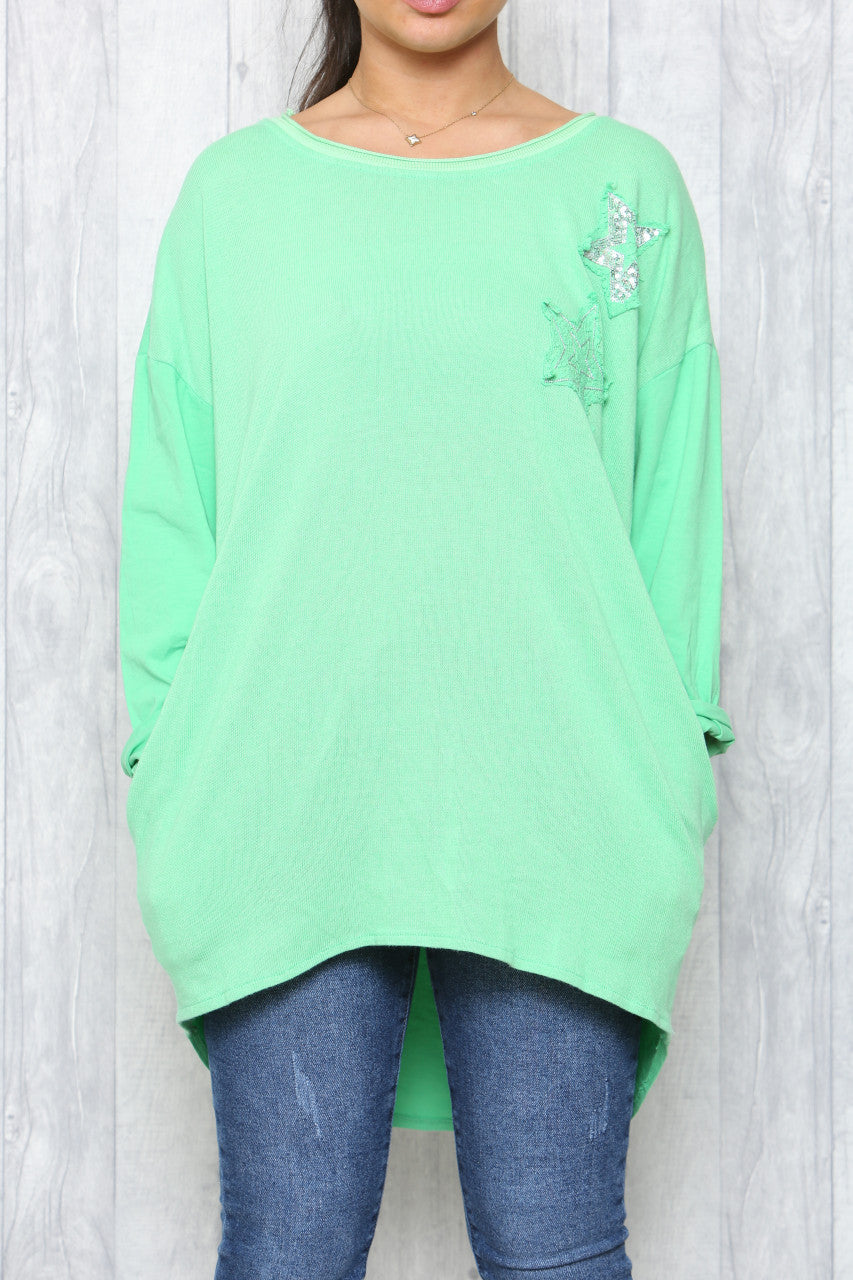 Ladies Distressed Sequin Stars Tunic Top Green