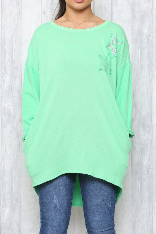 Ladies Distressed Sequin Stars Tunic Top Green