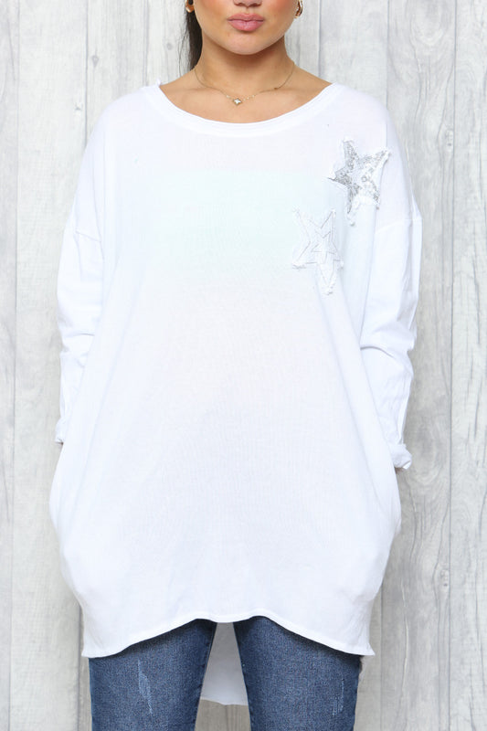 Ladies Distressed Sequin Stars Tunic Top White