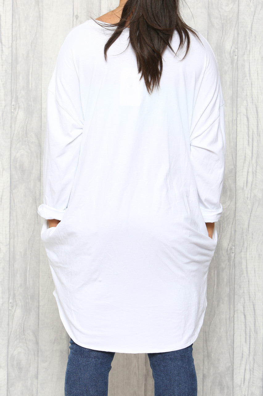 Ladies Distressed Sequin Stars Tunic Top White