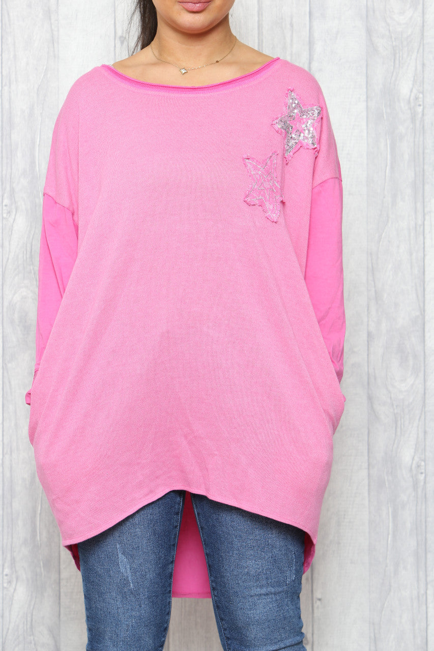 Dames T-shirt met gerafelde paillettensterren en tuniekmodel - Cerise