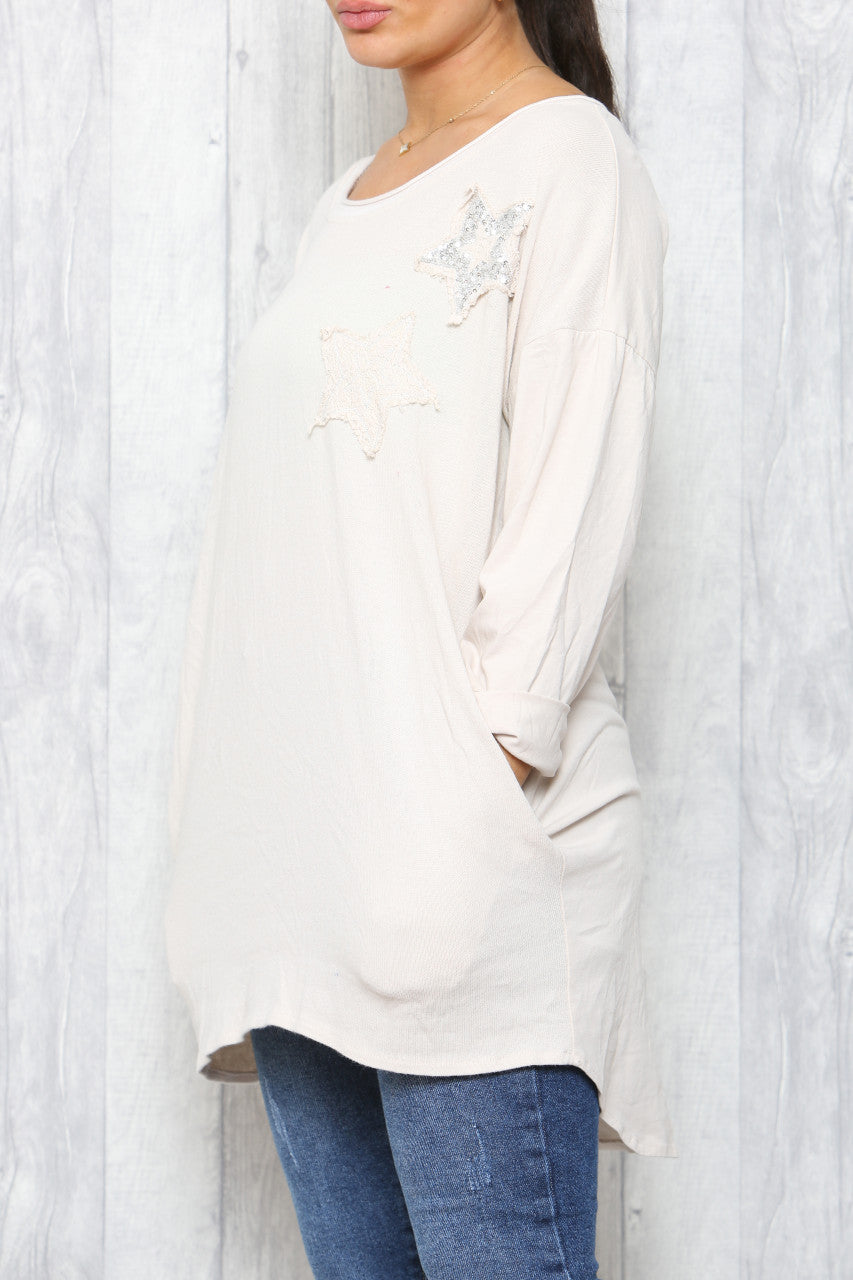 Ladies Distressed Sequin Stars Tunic Top Stone