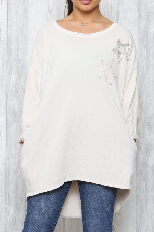 Ladies Distressed Sequin Stars Tunic Top Stone