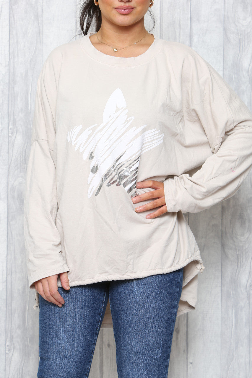 Dames Star Squiggle Sweatshirt Top Stone