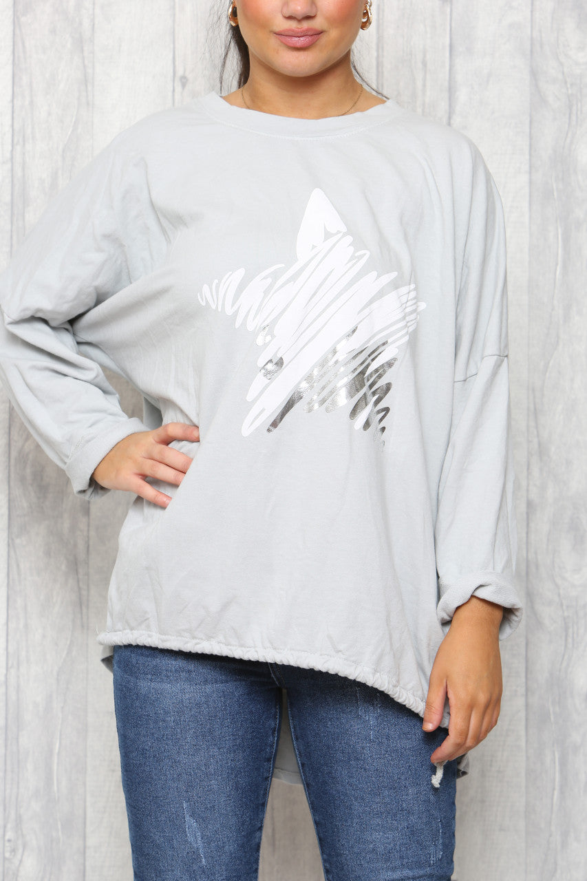 Ladies Star Squiggle Sweatshirt Top  Silver