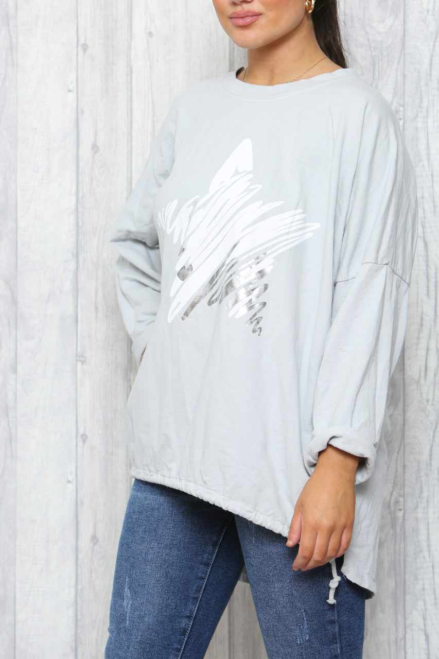 Ladies Star Squiggle Sweatshirt Top  Silver