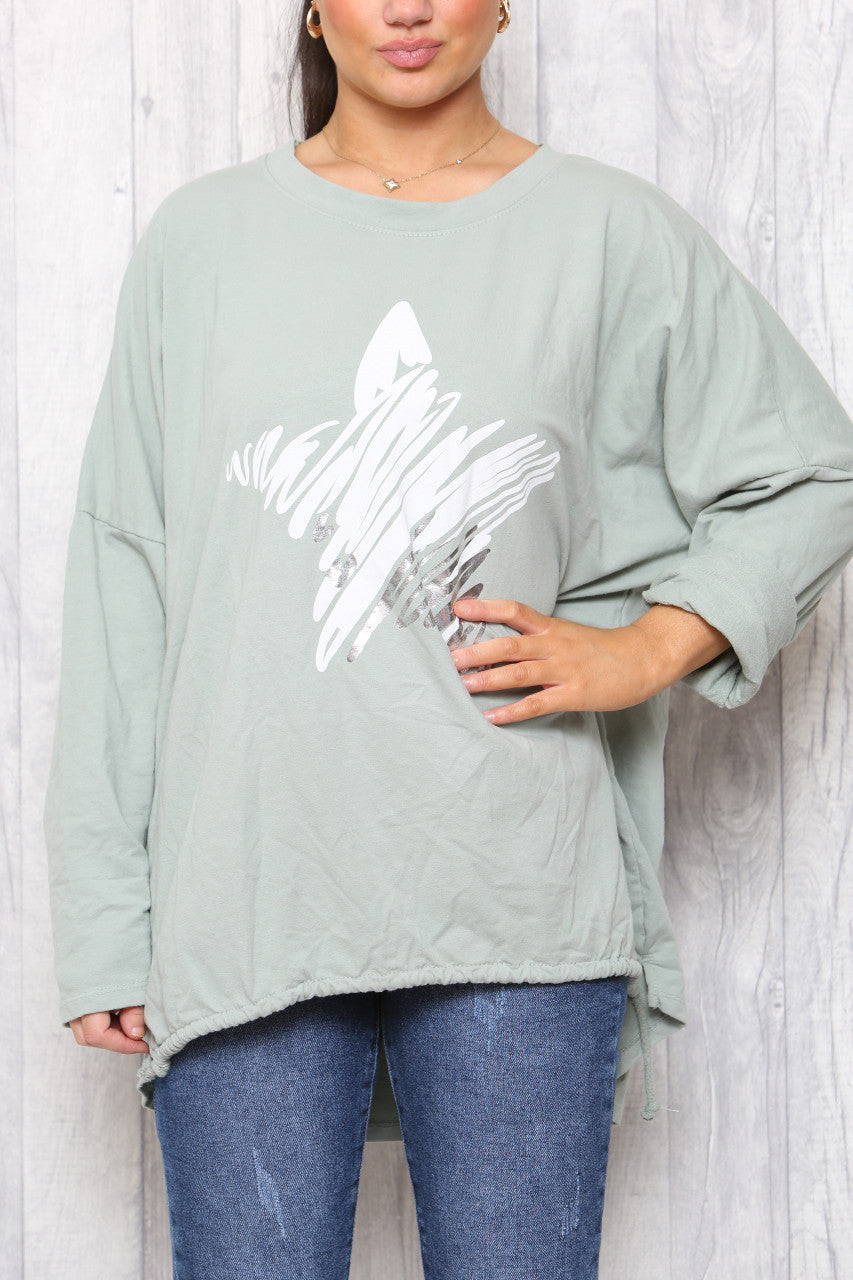 Ladies Star Squiggle Sweatshirt Top Khaki