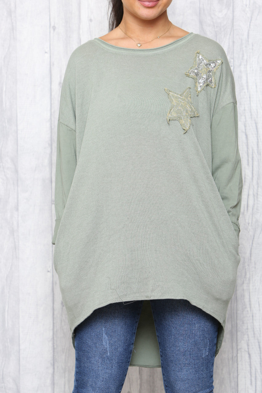 Dames T-shirt Tuniek met distressed paillettensterren Kaki