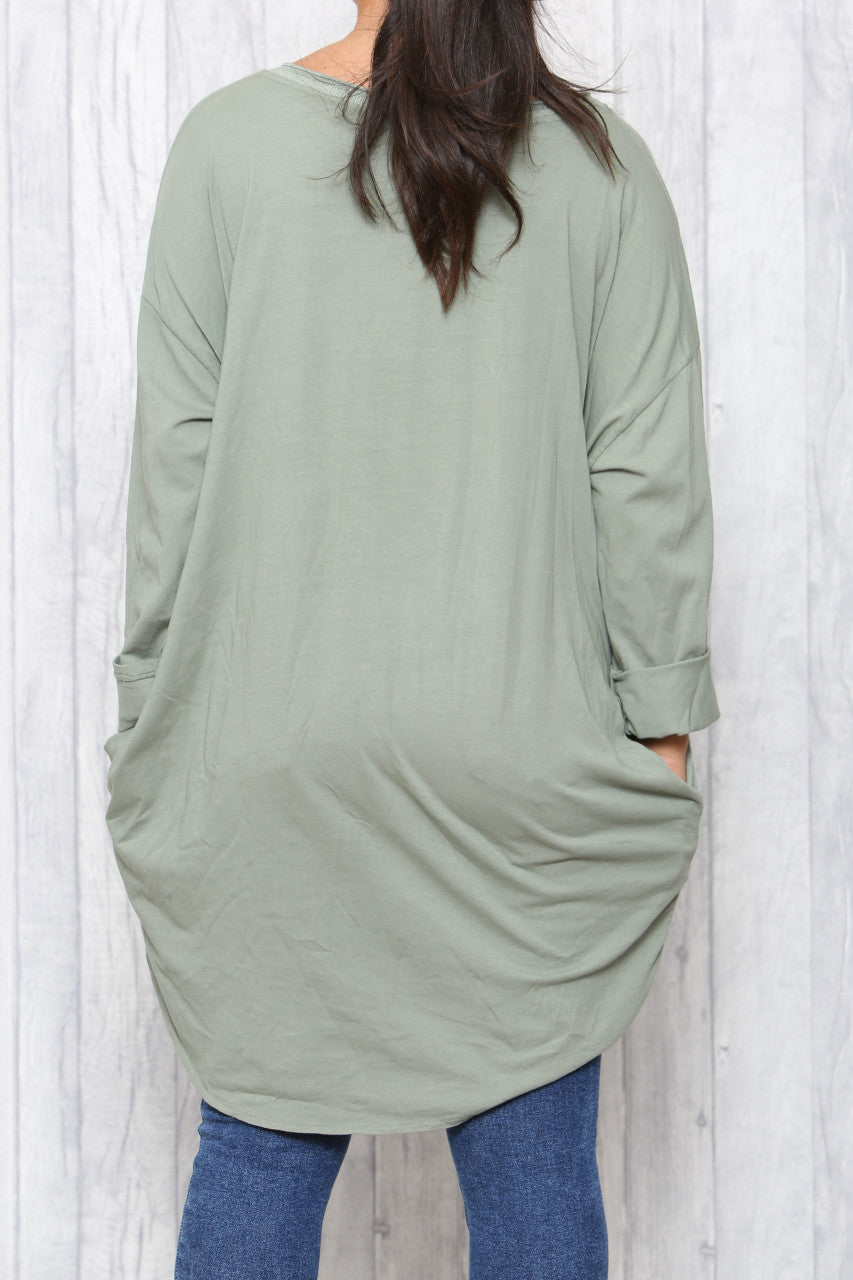Dames T-shirt Tuniek met distressed paillettensterren Kaki