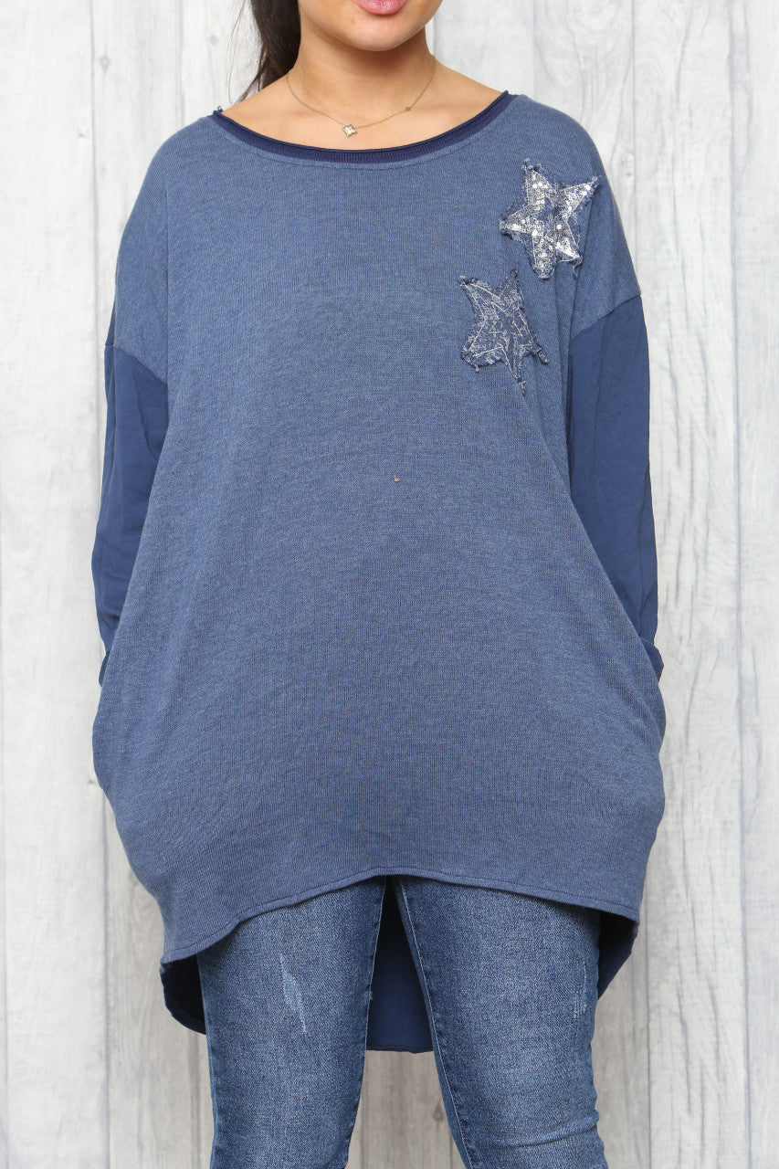 Ladies Distressed Sequin Stars Tunic Top Denim