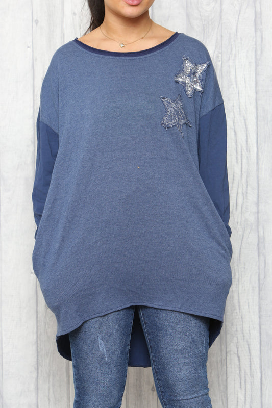 Ladies Distressed Sequin Stars Tunic Top Denim
