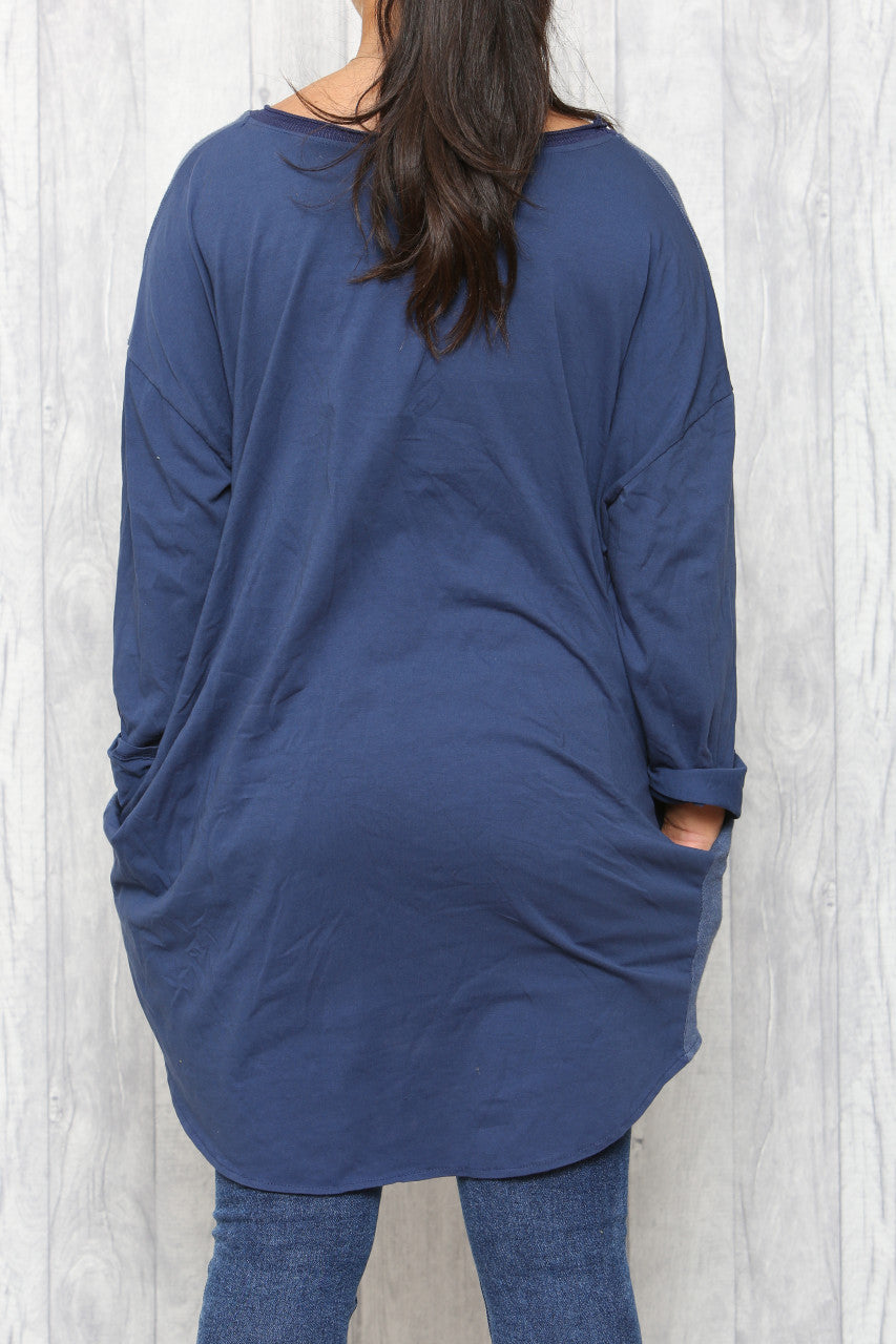 Ladies Distressed Sequin Stars Tunic Top Denim