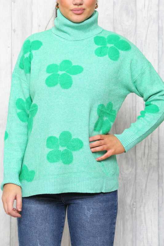 Dames Trui met Hoge Hals en Bloemenprint Groen