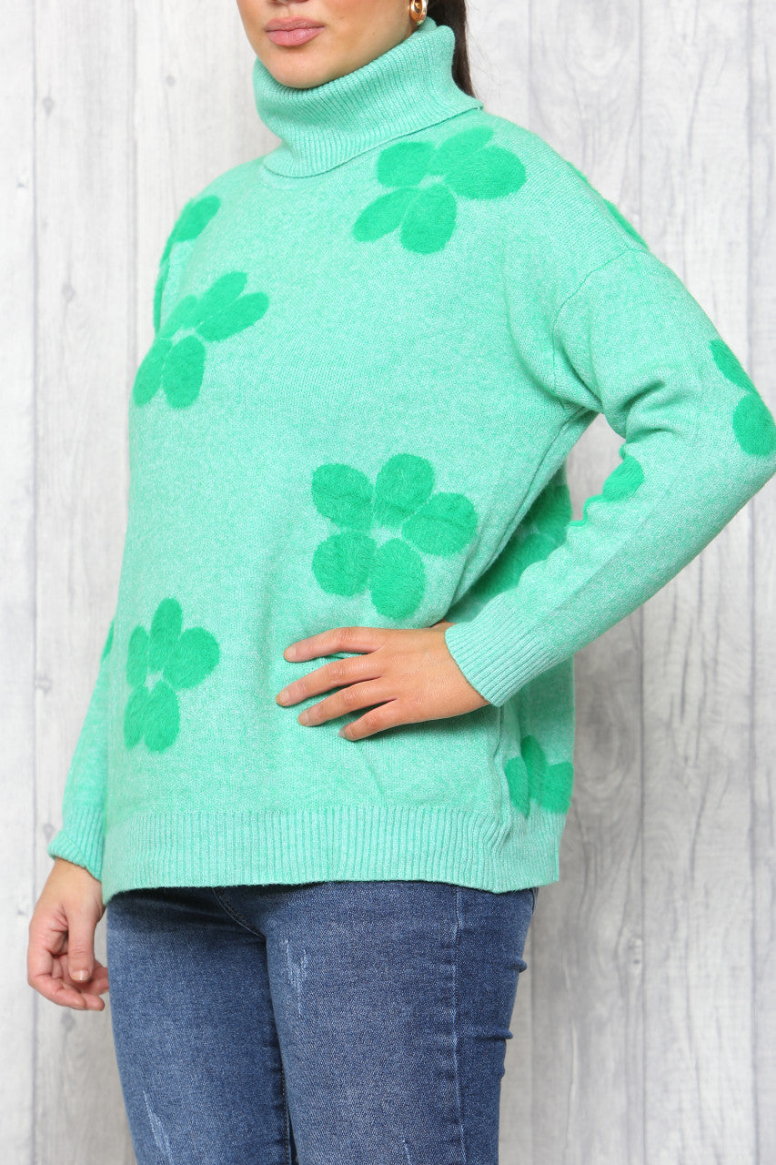 Ladies Floral Print High Neck Jumper Green