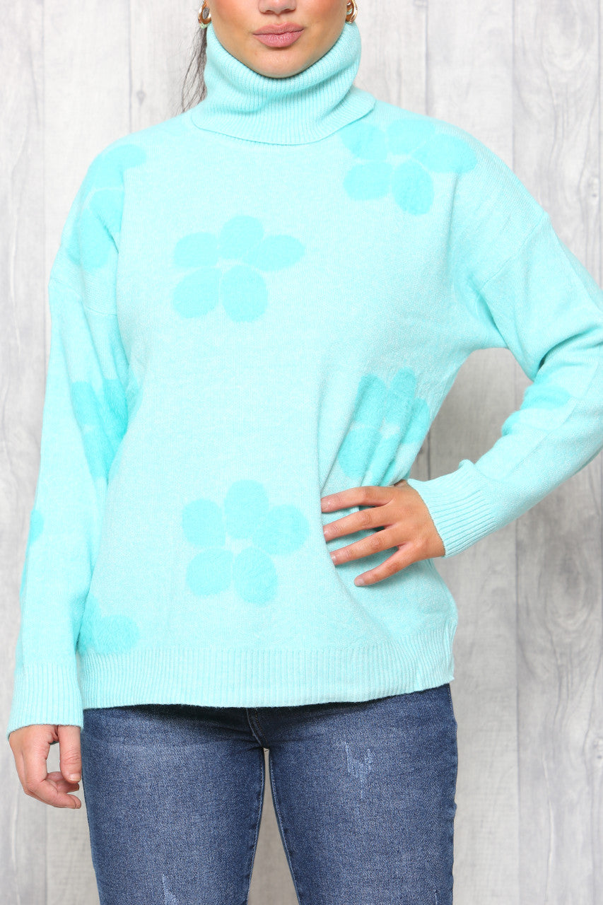 Ladies Floral Print High Neck Jumper Turquoise