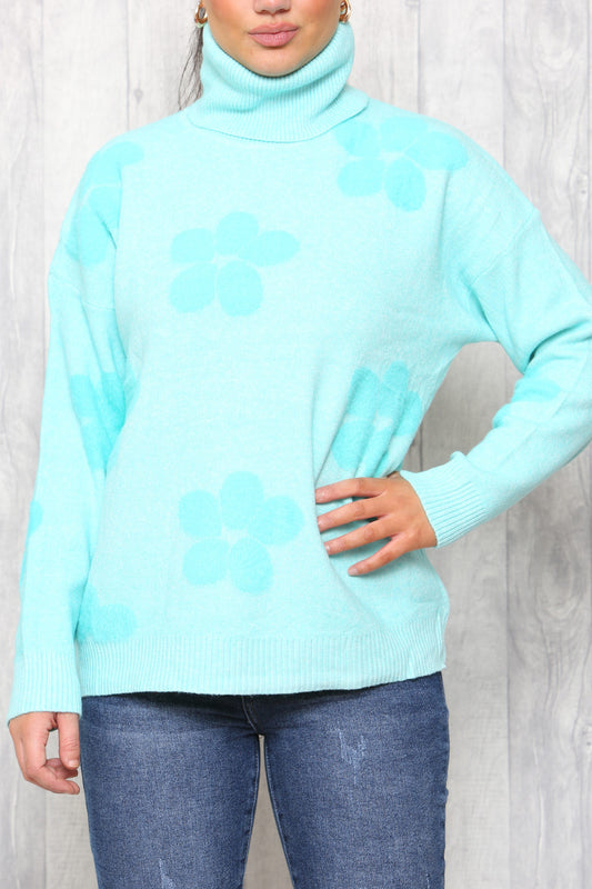 Dames Trui met Hoge Hals en Bloemprint Turkoois