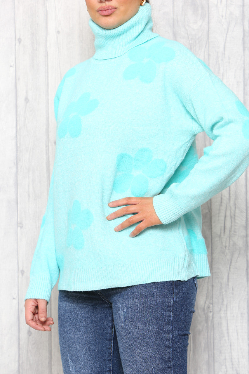 Ladies Floral Print High Neck Jumper Turquoise