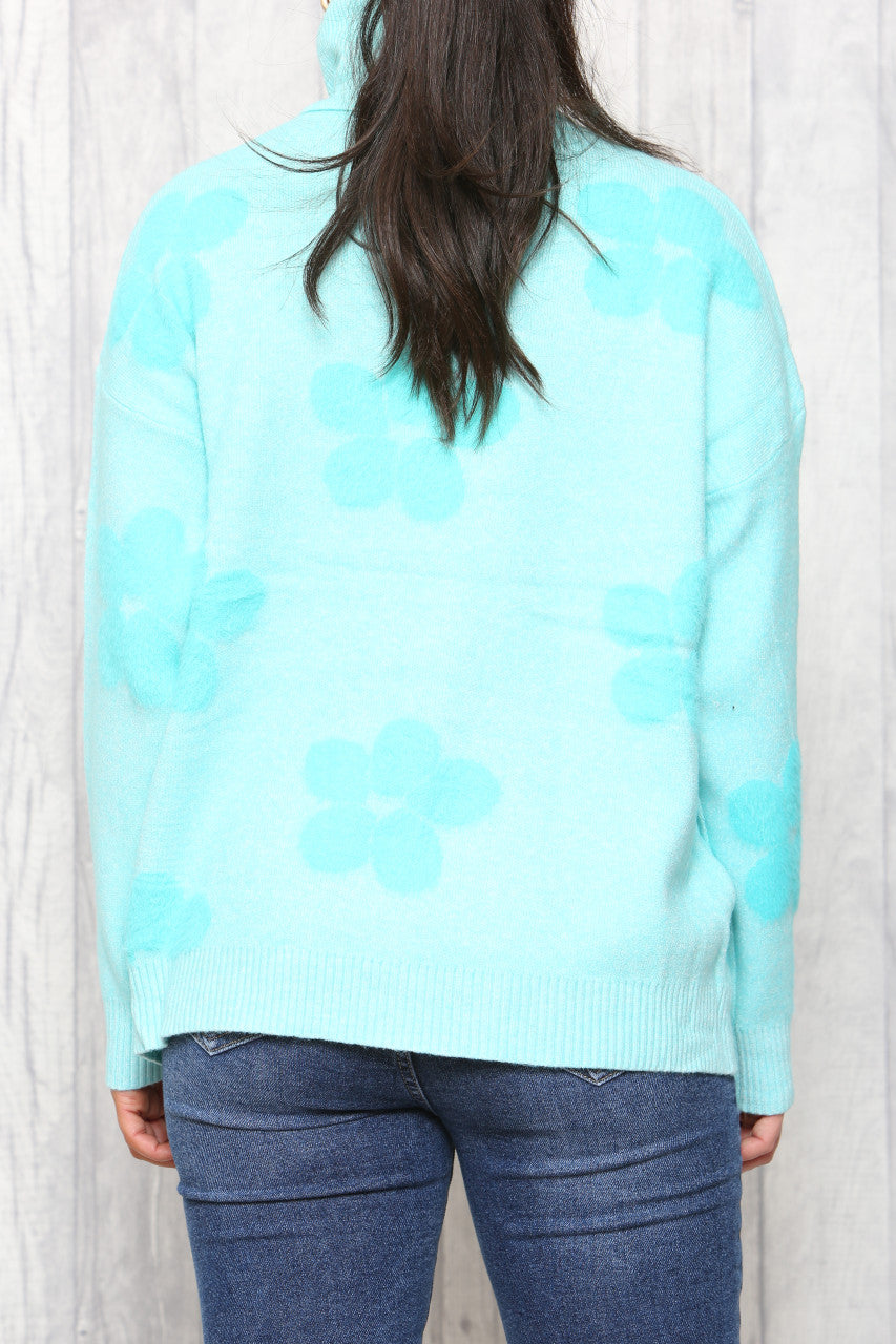 Ladies Floral Print High Neck Jumper Turquoise