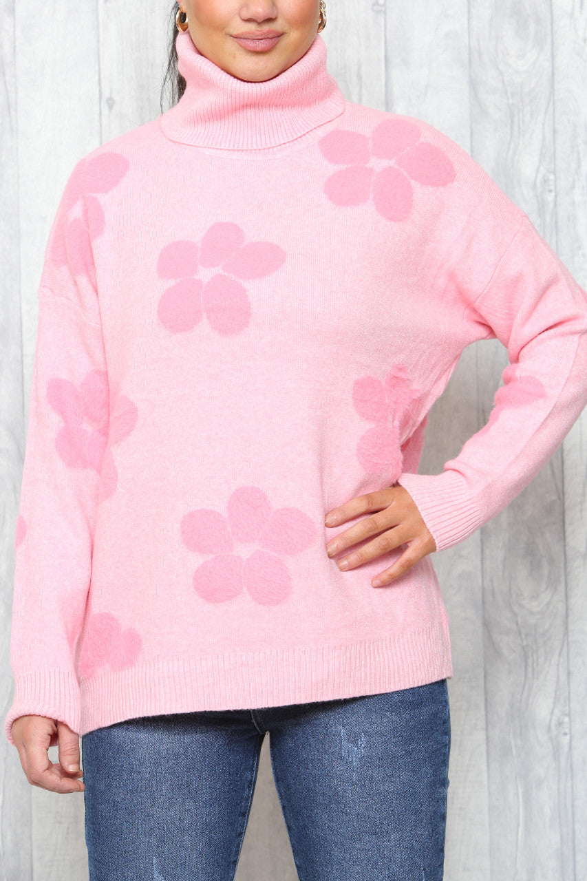Ladies Floral Print High Neck Jumper Pink