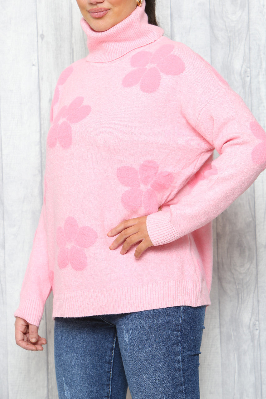 Ladies Floral Print High Neck Jumper Pink