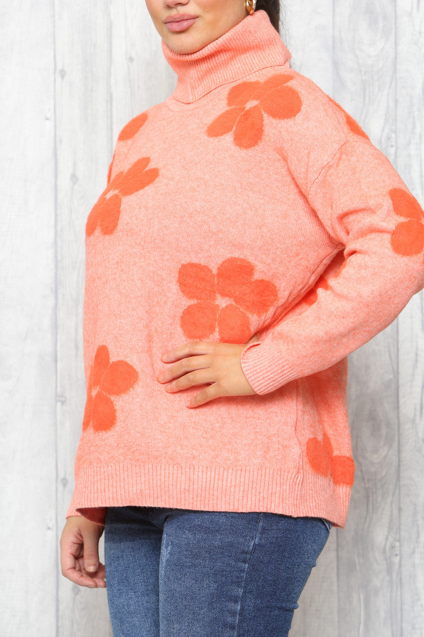 Ladies Floral Print High Neck Jumper Orange